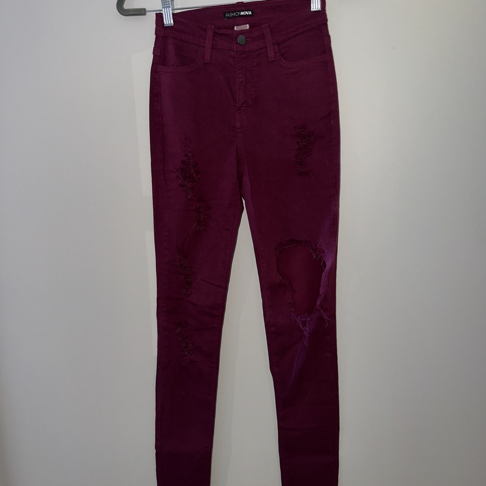 Fashion Nova Hannah Burgundy Ripped Jeans